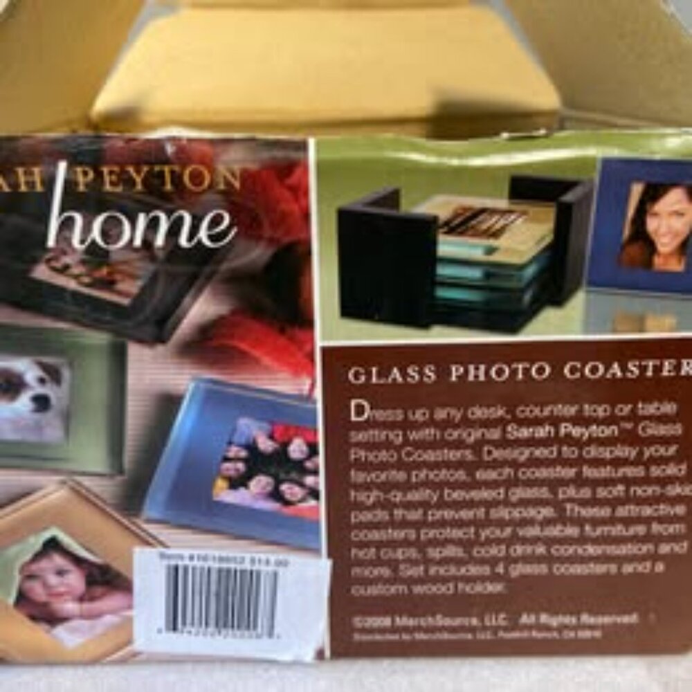 2008 Sarah Peyton Home 4 Solid Glass Photo Coasters with Black Wood Holder